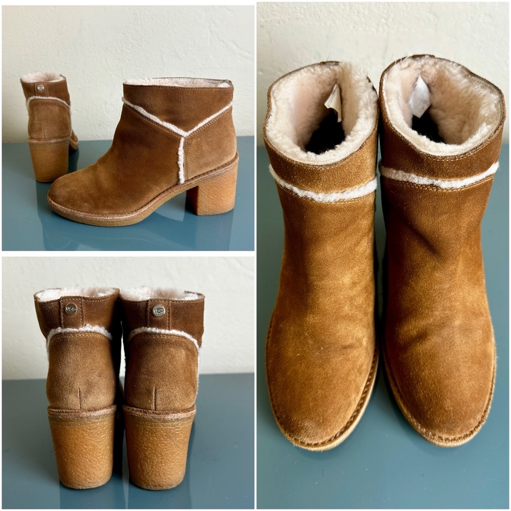 UGG W’s Kasen Chestnut Brown Suede Shearling Trim Ankle Boot Anthropologie US 7